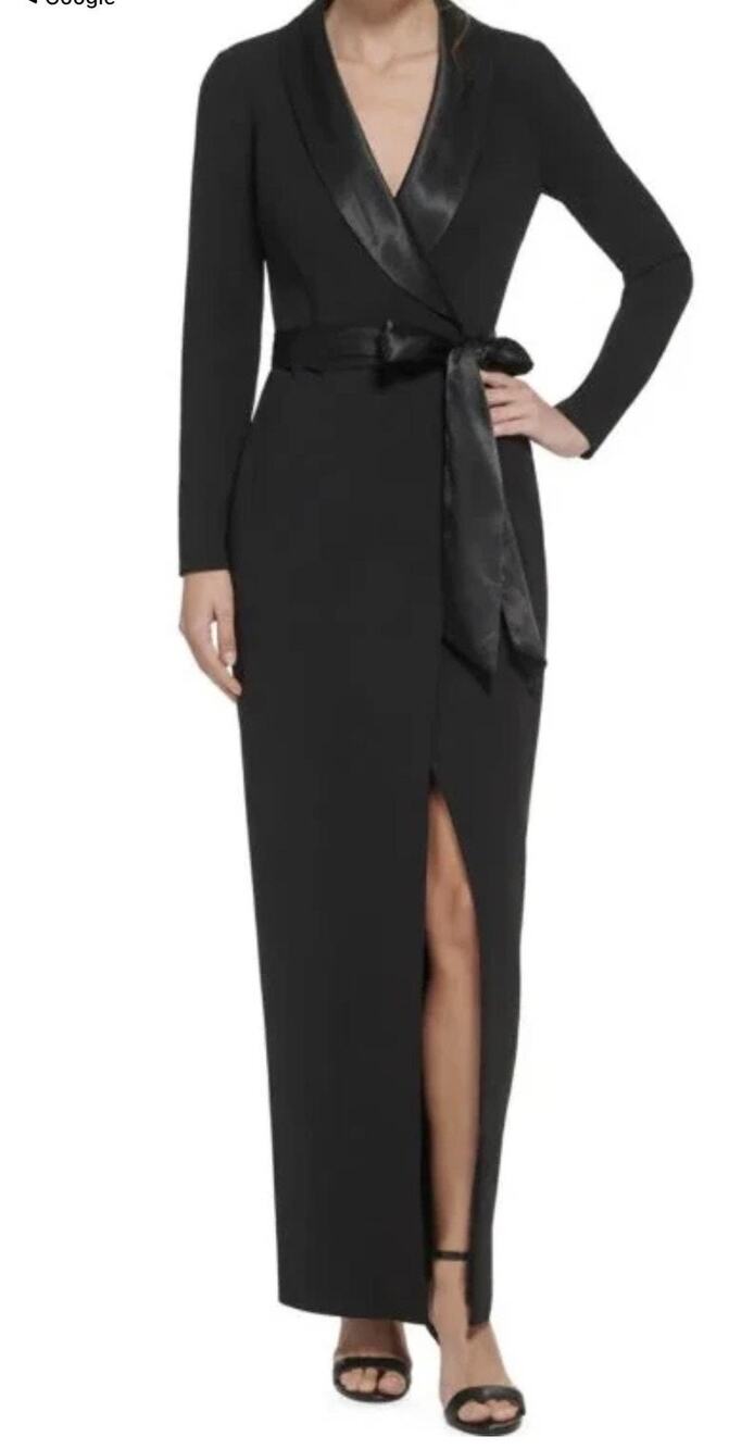 Eliza J Dress Womens 8 Black Tuxedo Wrap Maxi Belted Satin Lapel Long Sleeve